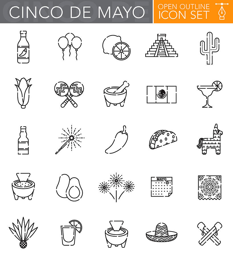 Cinco de Mayo Open Outline Icon Set Drawing by Bortonia