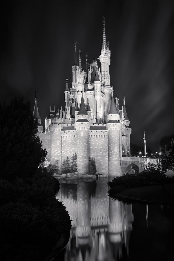 Cinderellas Castle Reflection Black And White Photograph