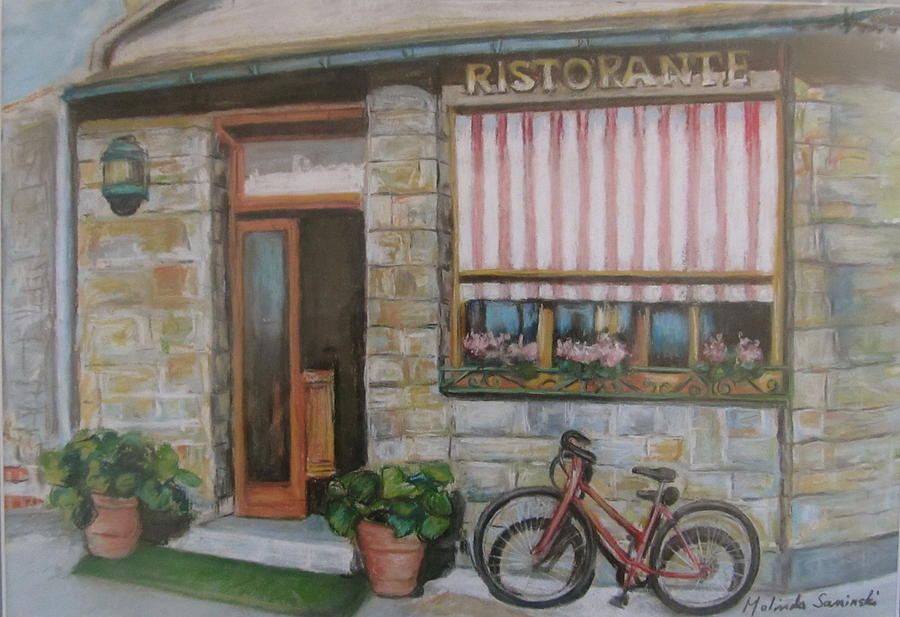 Italy Painting - Cinque Terra cafe with Bicycle by Melinda Saminski
