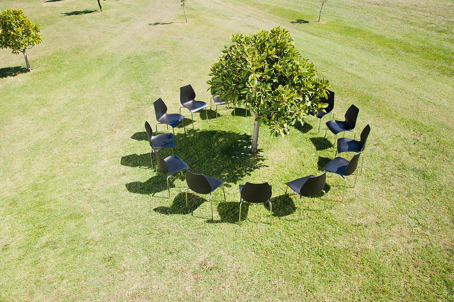 Circle of office chairs around tree in field Photograph by Martin Barraud