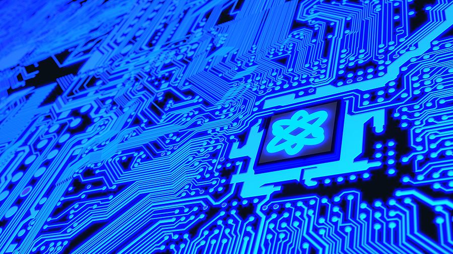 Circuit board in blue with a chip and a molecule symbol quantum computing Photograph by BeeBright
