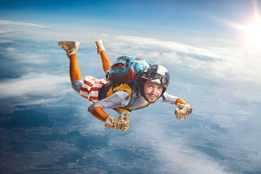 Circus skydiver falls through the air. Photograph by Aksonov