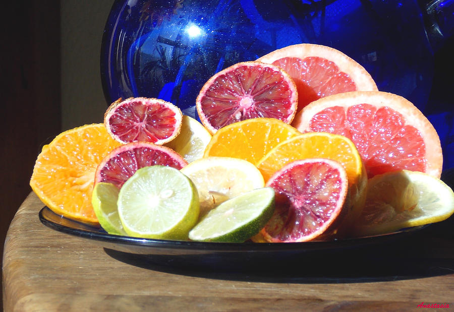Citrus and the Blue Pitcher 1 Photograph by Anastasia Savage Ealy