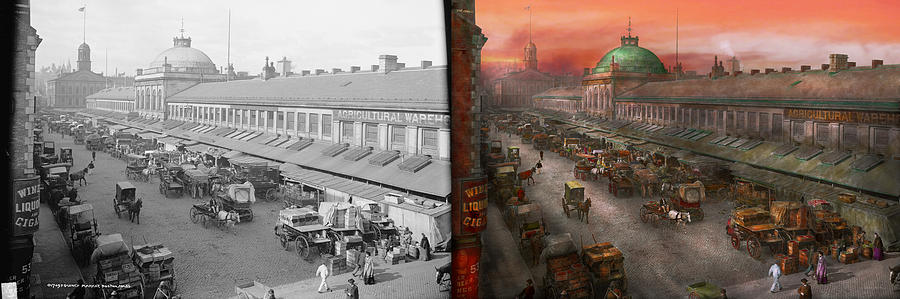 City - Boston Mass - Morning at the farmers market - 1904 - Side by side Photograph by Mike Savad