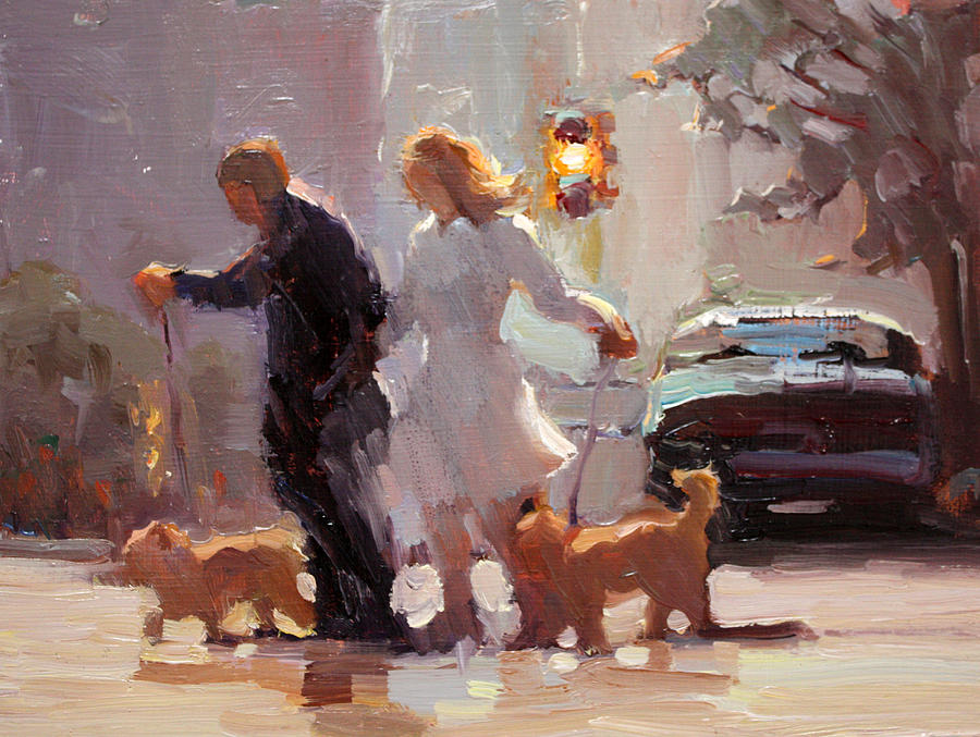 Dog Painting - City Dog Walk by Carol Smith Myer