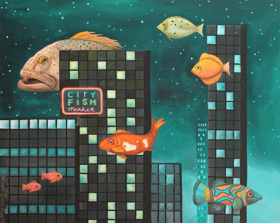 Fish Painting - City Fish edit 5 by Leah Saulnier The Painting Maniac