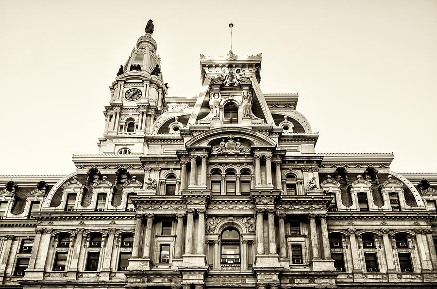 City Hall Facade - Philadelphia - Sepia Photograph by Bill Cannon