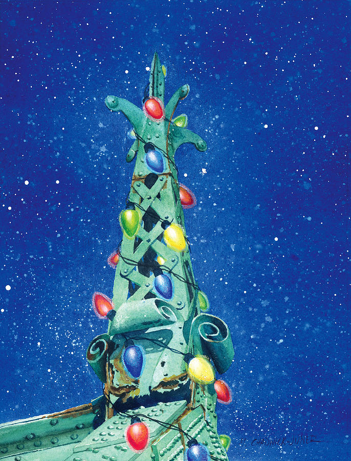 City Island Bridge Christmas Tree Painting by Marguerite Chadwick-Juner