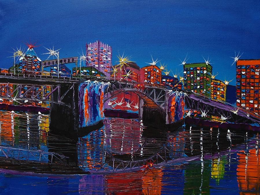 City Lights Over Morrison Bridge 4 Painting by James Dunbar
