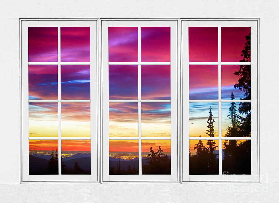 City Lights Sunrise View Through White Window Frame Photograph