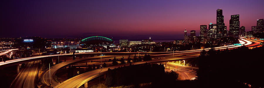 Architecture Photograph - City Lit Up At Night, Seattle, King by Panoramic Images