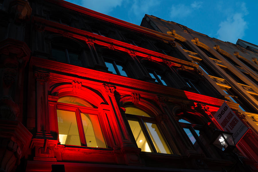 Architecture Photograph - City Night Walks - Bright Red Facade by Georgia Mizuleva