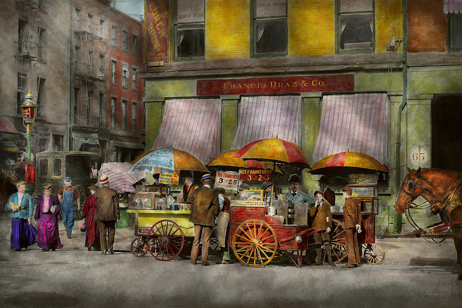 New York City Photograph - City - NY- Lunch carts on Broadway St NY - 1906 by Mike Savad
