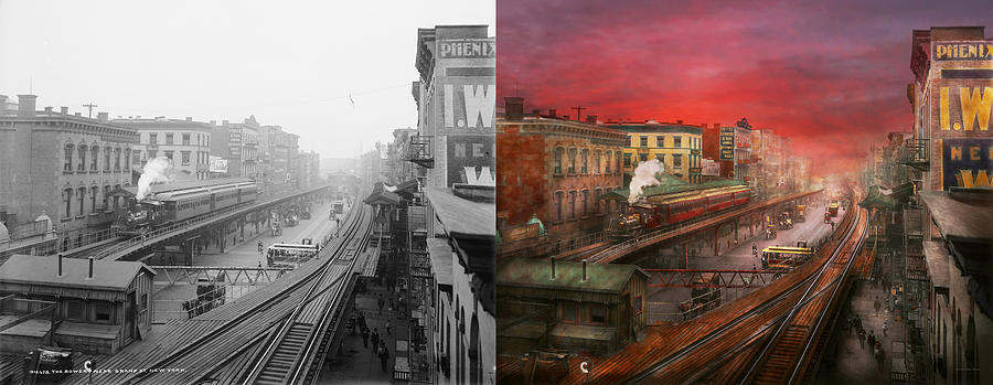 City - NY - Rush hour traffic - 1900 - Side by side Photograph by Mike Savad