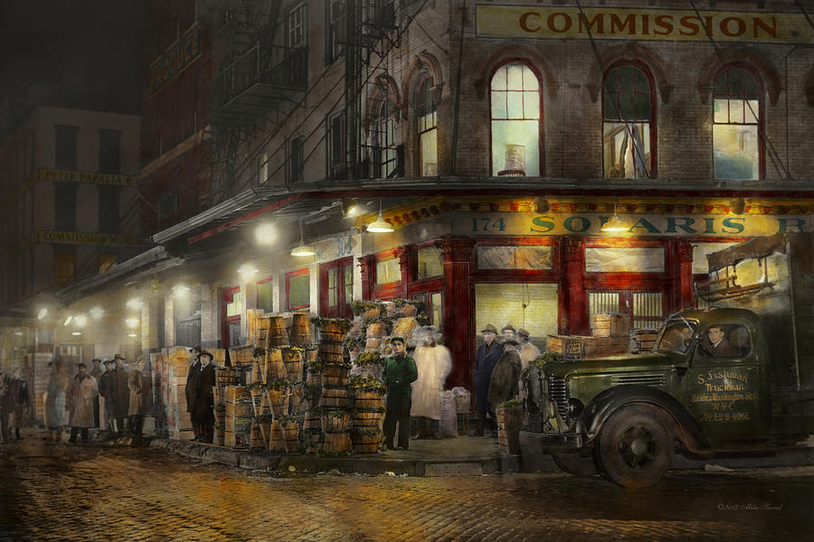 Lettuce Photograph - City - NY - Washington Street Market buying at night - 1952 by Mike Savad