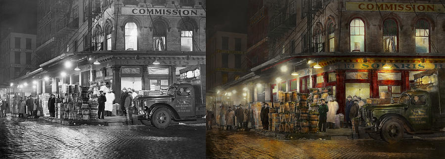 City - NY - Washington Street Market buying at night - 1952 - Side by side Photograph by Mike Savad