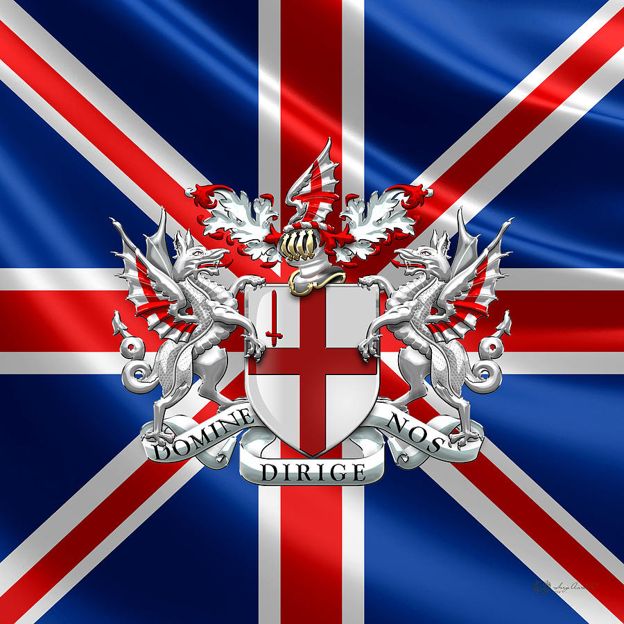 City of London - Coat of Arms over UK Flag  Digital Art by Serge Averbukh