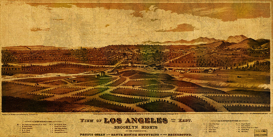 City Of Los Angeles California Vintage Birds Eye View City Street Map 1877 Mixed Media