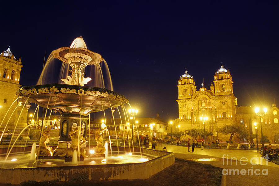 City Square Fountain At Night, Cuzco Photograph by Bill Bachmann