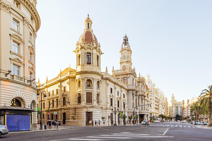 City street with view towards City Hall, Plaza del Ayuntamiento, Valencia, Spain Photograph by Alexander Spatari