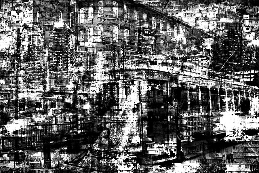 Cityscape Black and White Digital Art by Mary Clanahan