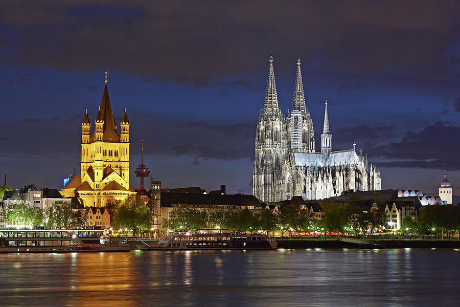 Cityscape Of Cologne And Rhine At Night Photograph by Allan Baxter