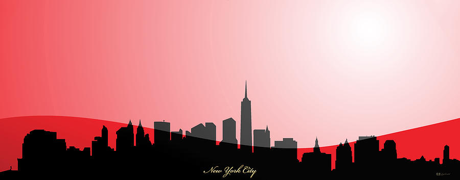 Cityscapes- New York City Skyline in Black on Red Digital Art by Serge Averbukh
