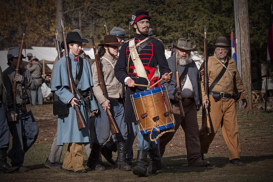 Civil War Confederate Troop Reenactors Marching with Drummer Photograph by Randall Nyhof