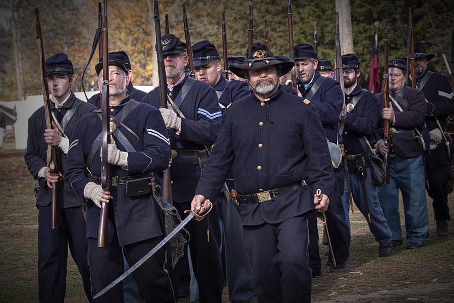 Civil War Union Troop Reenactors Marching Photograph by Randall Nyhof