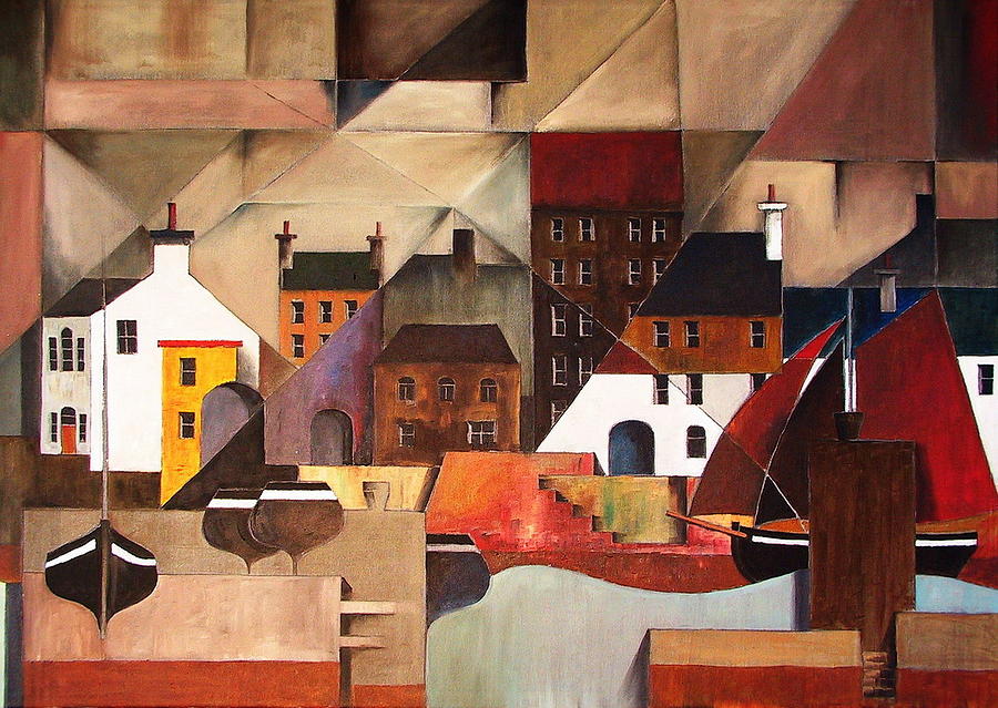 Cladagh Cubed Harbour Galway Painting by Val Byrne