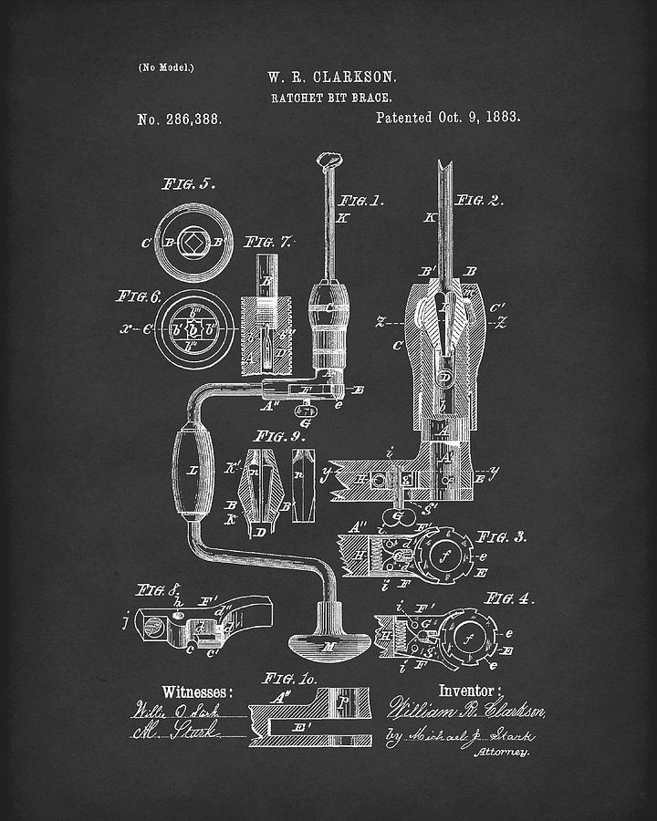 Clarkson Bit Brace 1883 Patent Art Black Drawing by Prior Art Design