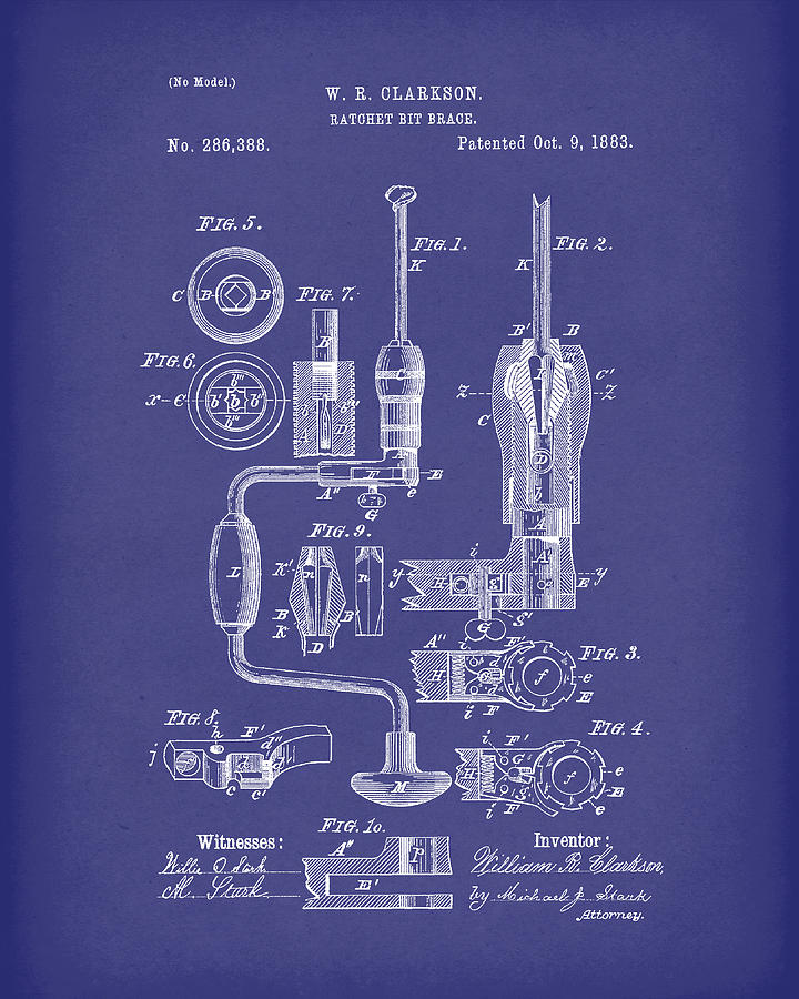 Clarkson Bit Brace 1883 Patent Art Blue Drawing by Prior Art Design