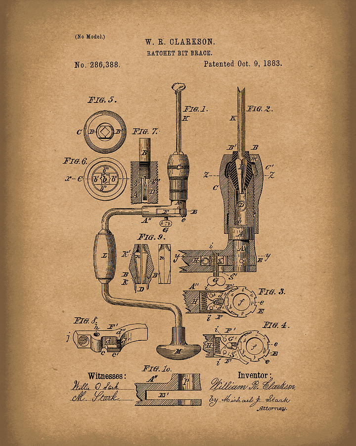 Clarkson Bit Brace 1883 Patent Art Brown Drawing by Prior Art Design