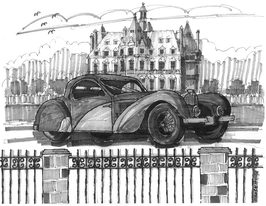 Classic Auto with Chateau Drawing by Richard Wambach