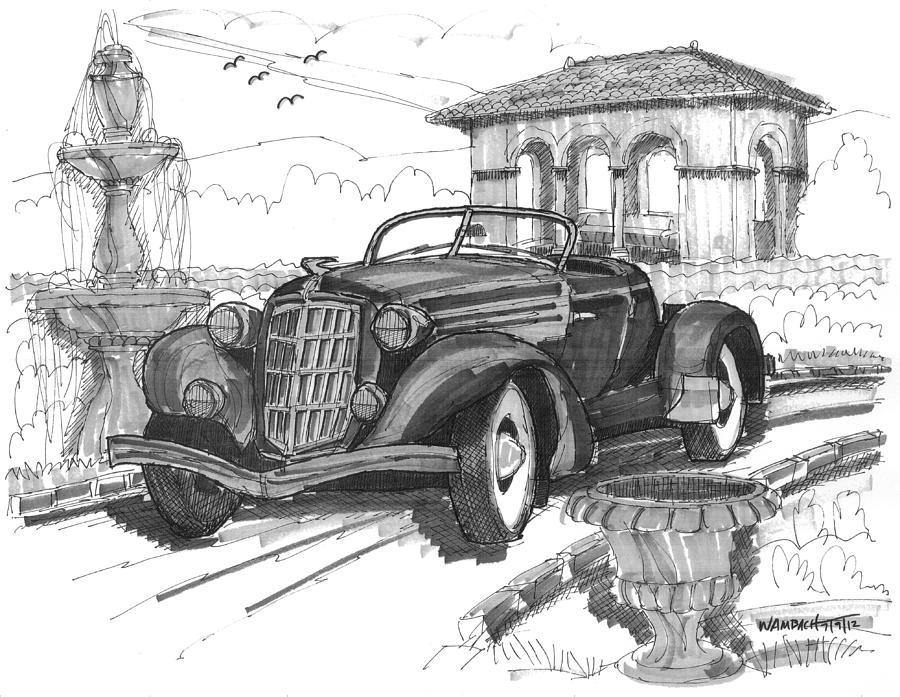 Classic Auto with Formal Gardens Drawing by Richard Wambach