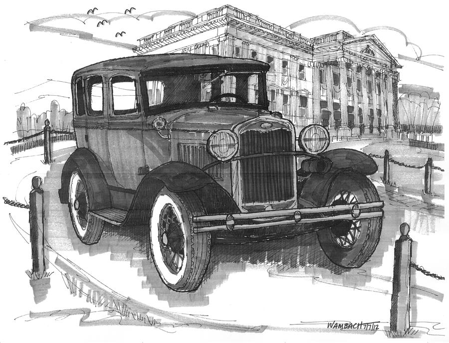 Classic Auto with Mills Mansion Drawing by Richard Wambach