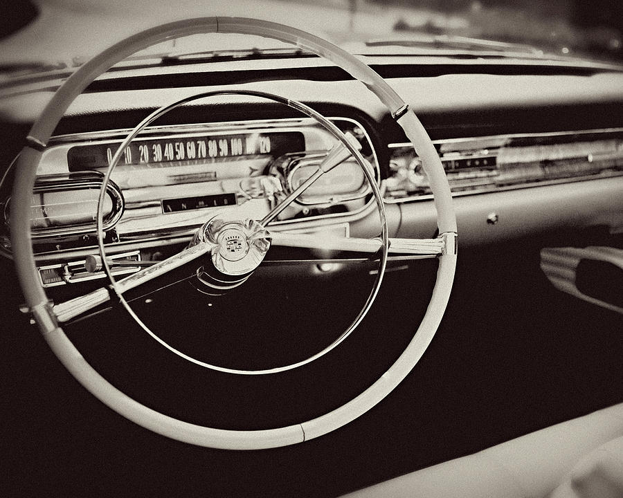 Black And White Photograph - Classic Cadillac Steering Wheel and Dash Take the Wheel by Lisa R