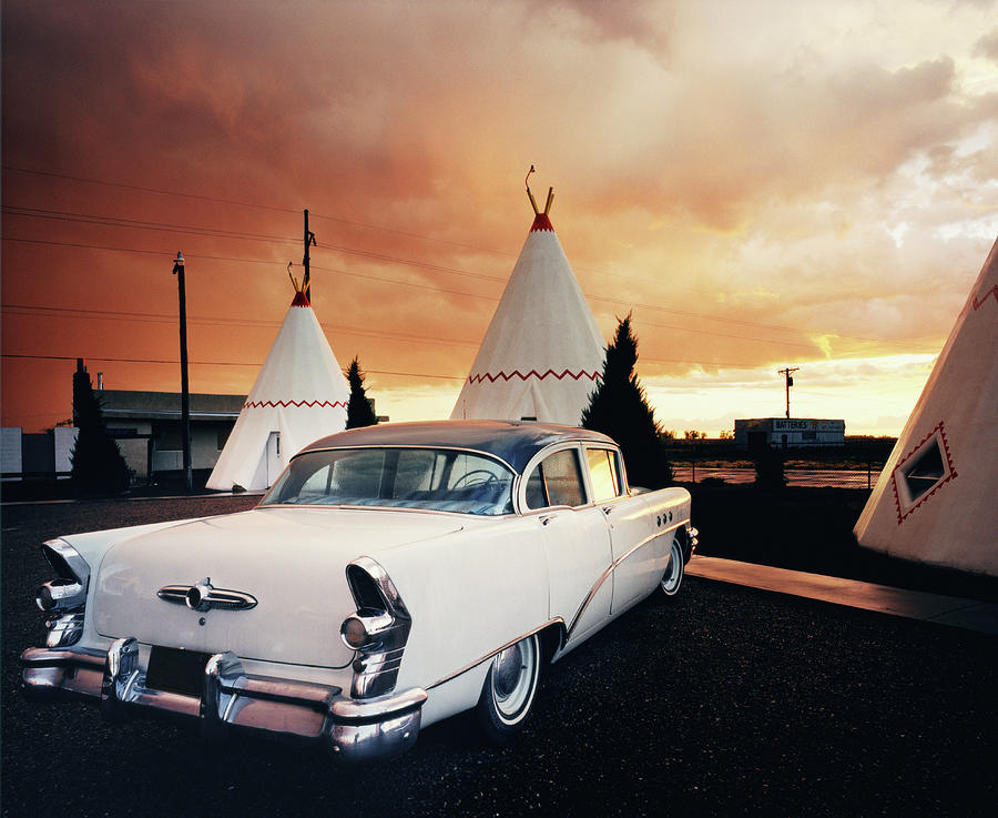 Classic Car By Wigwams At Sunset Photograph by Gary Yeowell