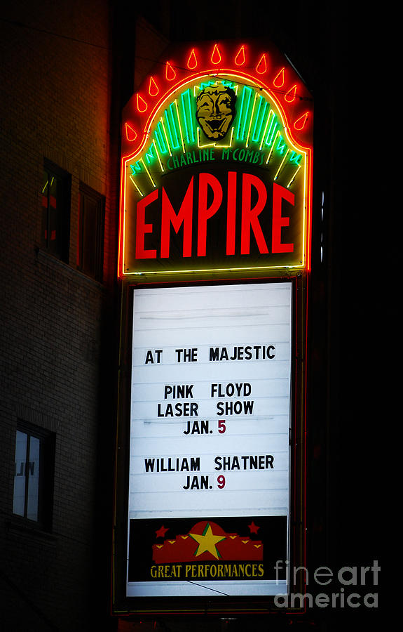 Classic Empire Theater Illuminated Marquee Sign featuring Pink Floyd and William Shatner Photograph by Shawn OBrien