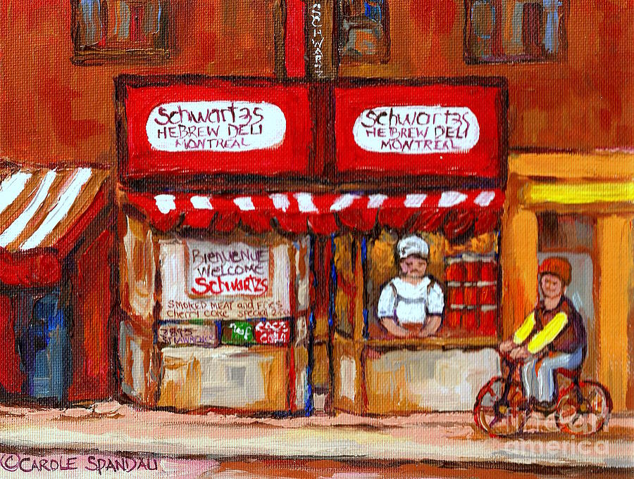 Classic Montreal Painting Schwartz Deli Storefront Window With Chef And Red Peppers Circa 1960   Painting by Carole Spandau