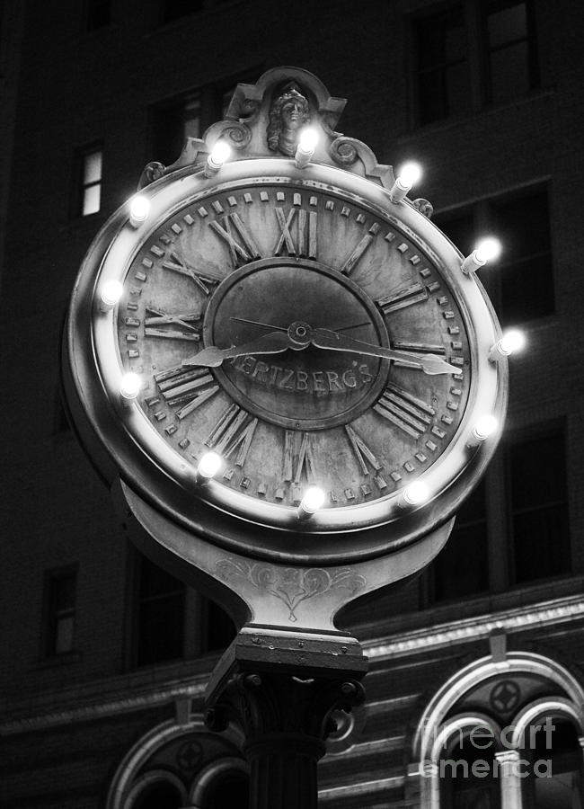 Classic Nostalgic Americana Clock Downtown San Antonio Black and White Photograph by Shawn OBrien
