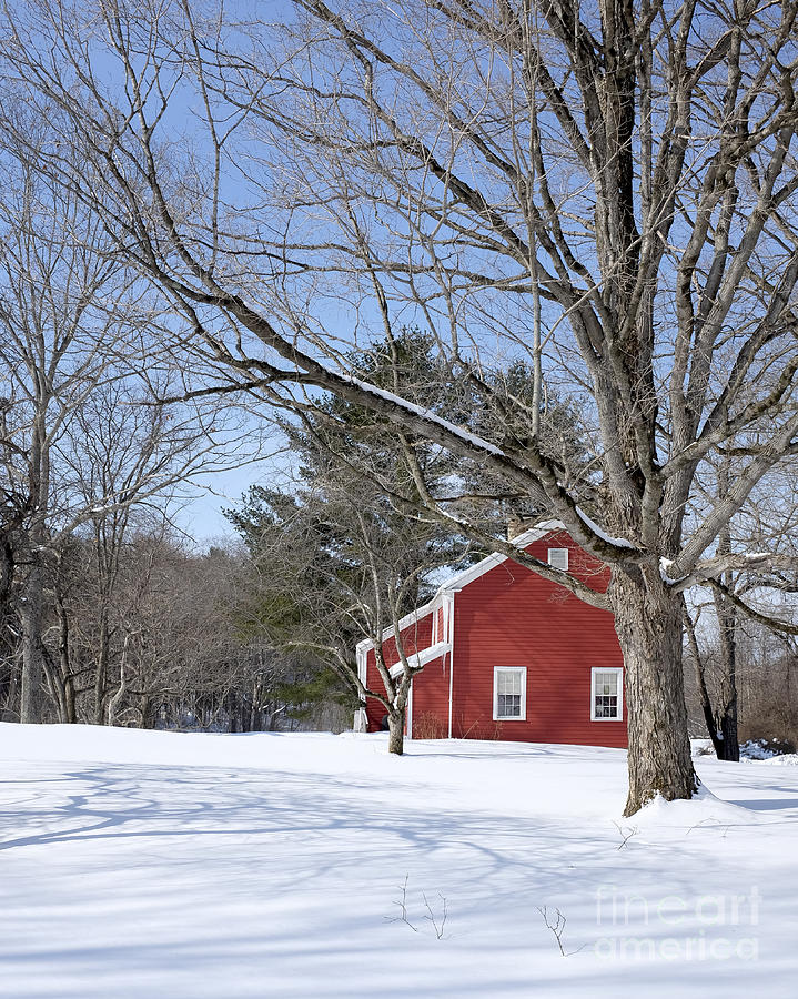 Winter Photograph - Classic Vermont red house in winter by Edward Fielding