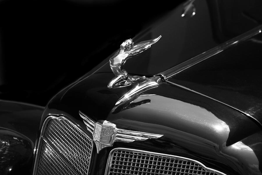 Classic Vintage Buick Hood Ornament in Black and White Photograph by Kathy Clark