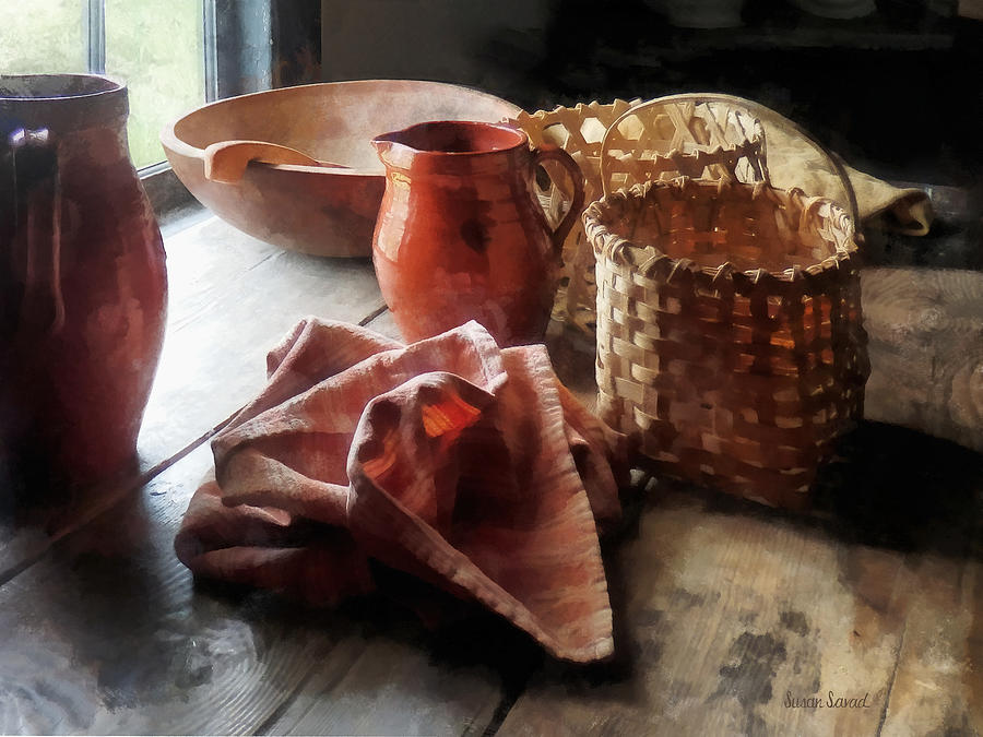 Still Life Photograph - Clay Pitchers Bowl and Baskets by Susan Savad