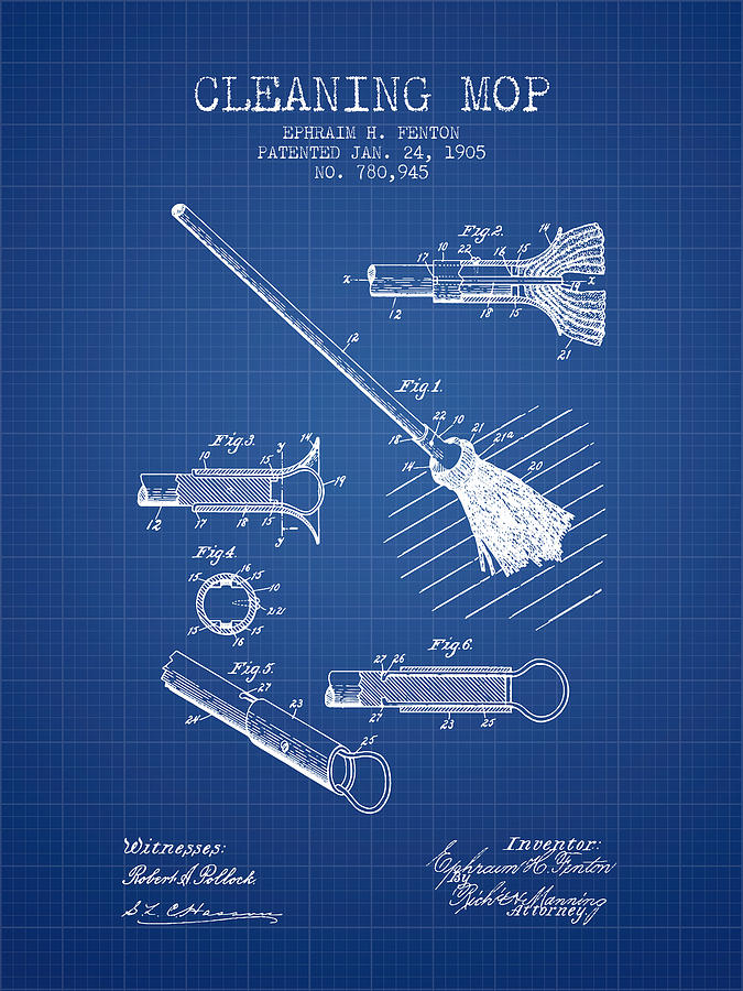 Vintage Digital Art - Cleaning Mop patent from 1905 - Blueprint by Aged Pixel