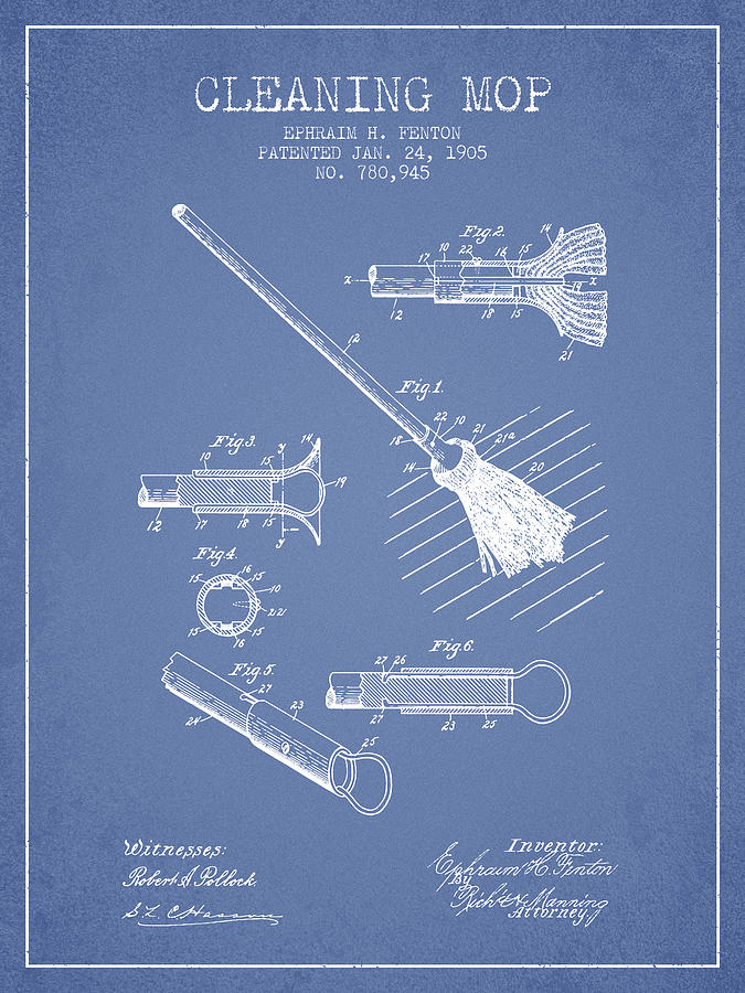 Vintage Digital Art - Cleaning Mop patent from 1905 - Light Blue by Aged Pixel