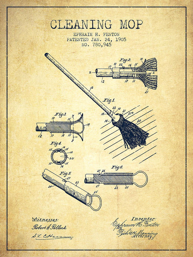 Vintage Digital Art - Cleaning Mop patent from 1905 - Vintage by Aged Pixel