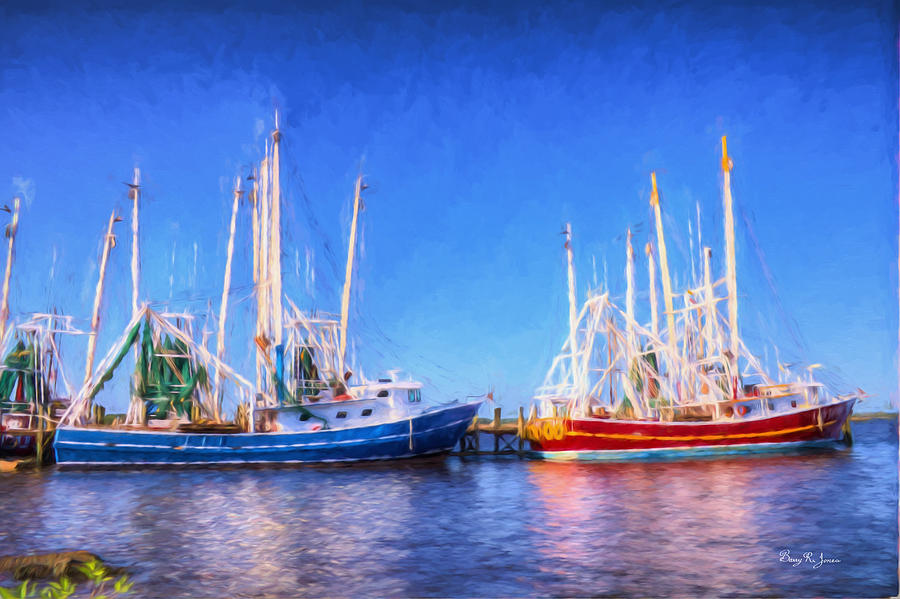 Shrimp Boats - Dock - Clear Day in Back Bay Photograph by Barry Jones