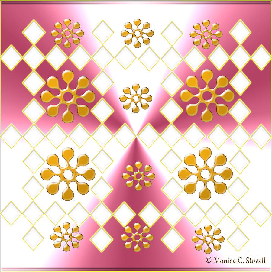 Clear Diamonds and Gold Flowers on Pink and White Design Digital Art by Monica C Stovall