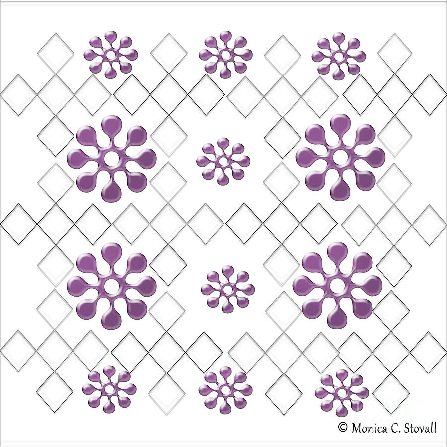 Clear Diamonds and  Purple Flowers on White Design Digital Art by Monica C Stovall